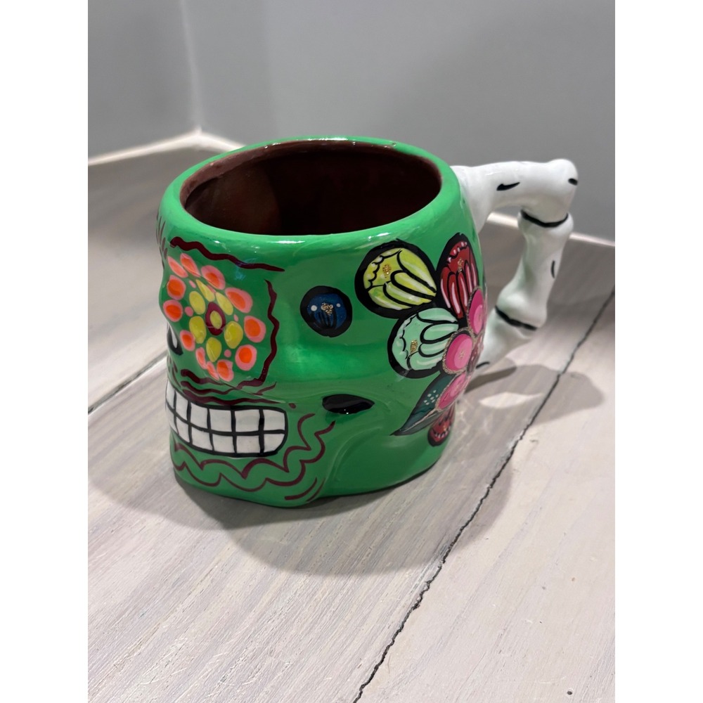 Green Sugar Skull Ceramic Coffee Mug Hand Painted Bone Handle Day of the Dead